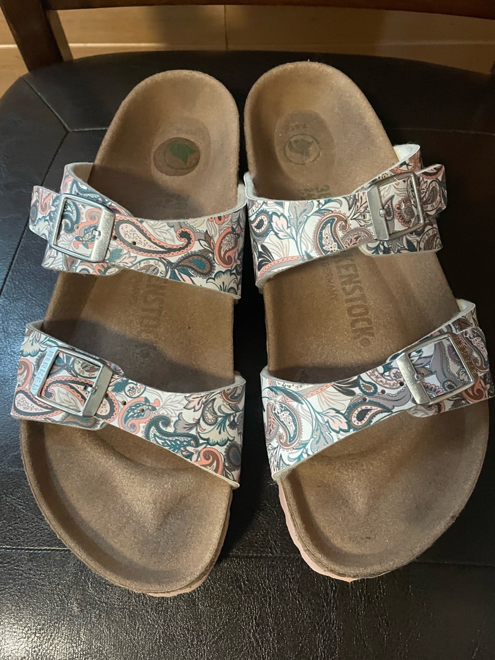 Birkenstock Paisley Two-Strap Sandals in White with Pink and Teal Accents